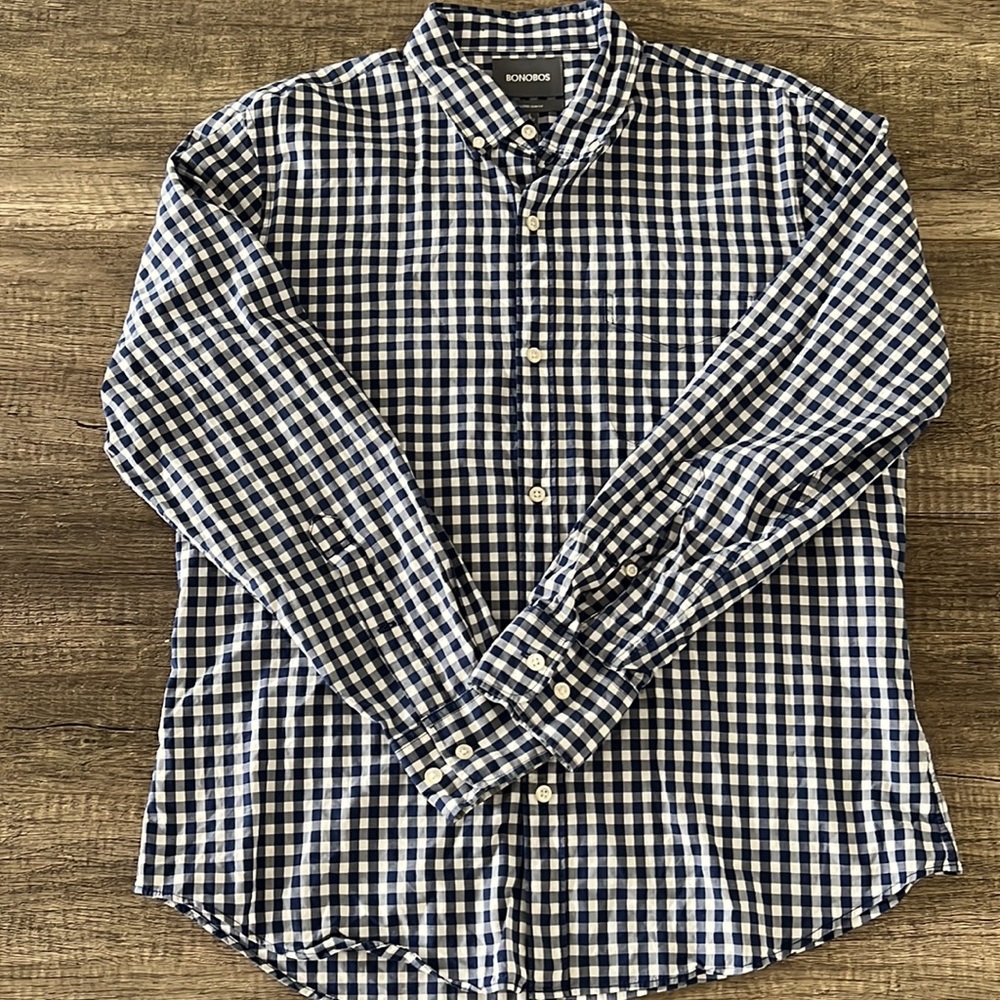 Bonobos Men’s Blue Checkered Large/Short Slim Fit Button Down Shirt
